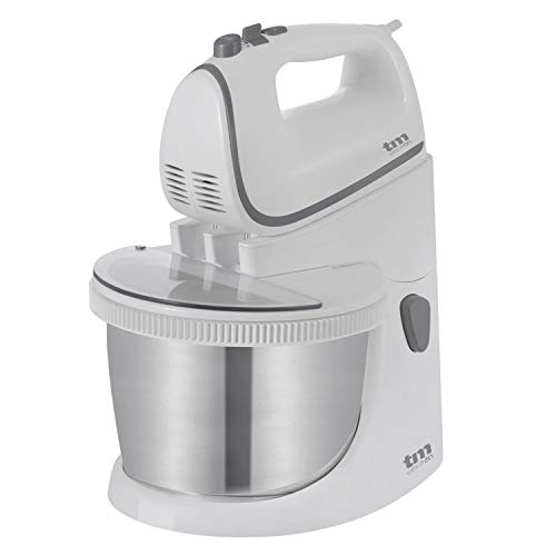 TM Electron TMPBA114 Batidora Amasadora para repostería de 450 W con bol 2.5L de acero inoxidable, ganchos para amasar, varillas y tapa antisalpicadura transparente