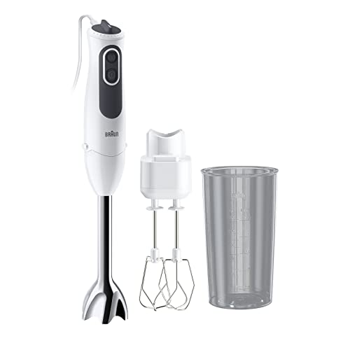 Braun Hogar MultiQuick 3V Batidora de Brazo, 11 Velocidades, Control de Salpicaduras, Piezas Aptas para el Lavavajillas, Vaso de Plástico sin BPA de 600 ml, Batidora Doble, MQ3105B, 750 W, Blanco