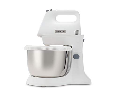 Kenwood Chefette Metal HMP34.A0WH - Batidora/Amasadora de Varillas con Bol Rotativo de Metal, 450W, 5 velocidades + Turbo, Varillas Batidoras y Ganchos para Amasar, Blanco