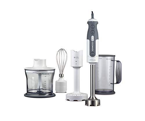 Kenwood HDP310WH - Mezclador de inmersión con batidor de alambre de acero, minitritatutto de 0,5 L, triturador de verduras y vaso graduado con mango y tapa de 0,75 L, 800 vatios, plástico, blanco