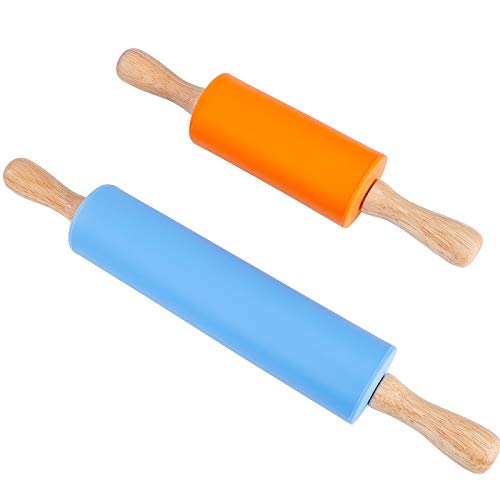 Rodillo de Silicona Antiadherente Silicona Mango de Madera Rodillo para Pasta, Pastelería, Tarta Corteza, Pizza, Pasteles de Masa 2 Piezas (Azul y Naranja)