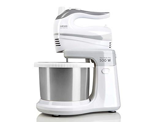 HAEGER MAX Mixer Pro - Batidora Amasadora con Bol, 500W, Bol Auto-Giratorio INOX, 2L, 2 Pares de Varillas para Batir y Amasar de 20cm