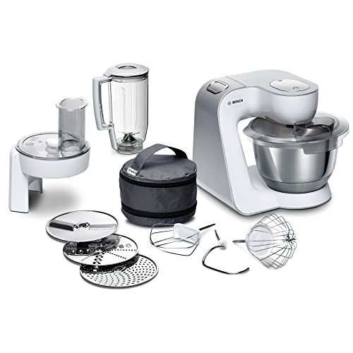 Robot de cocina Bosch MUM5 CreationLine MUM58W20, multiusos, cuenco grande de acero inoxidable (3,9 l), batidora, cortador de paso, 1000 W, color blanco y plateado