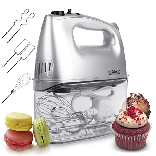 Duronic HM4 SR Batidora Amasadora de Repostería 400W con 5 Velocidades y Función Turbo - Incluye Varillas Batidoras, Garfios Amasadores y Varilla de Globo - Color Plata