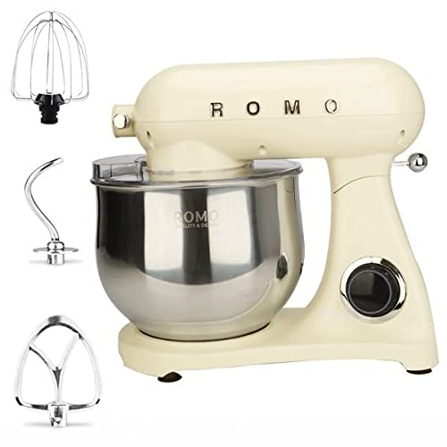 ROMO. Batidora Amasadora Orbital 1800W. Procesador Alimentos Profesional 8L., 6 Velocidades. Diseño Retro Vintage (CREMA)