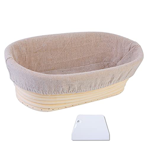 Banneton para Pan,Cesta a Prueba de Pan,Cesta para Masa,Oval 25 x 15 x 8 cm,Cesta de Pruebas,Cuenco para Masa,Hecha a Mano de Ratán con 1 Raspador de Masa y 1 Paño de Forro de Lino