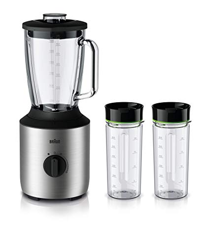 Braun JB 3272 SI PowerBlend 3 - Batidora de vaso (incluye 2 botellas Smothie2Go, recipiente de cristal de 1,5 l para ingredientes calientes y fríos, adecuada como picadora de hielo y batidora