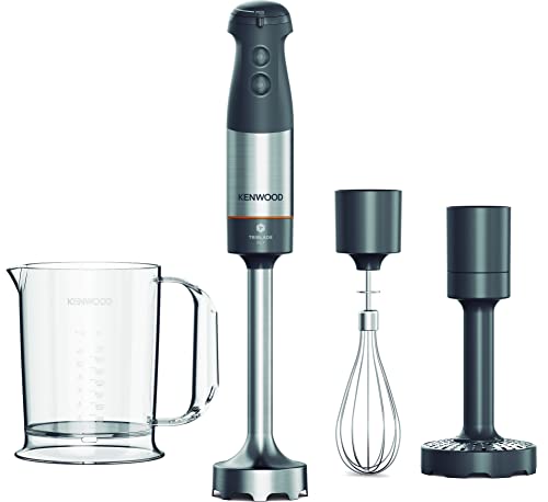 Kenwood HBM60.007GY - Mezclador de inmersión Triblade XL, 1000 W, con antipulverización, accesorios picadores, batidor de metal y triturador, vaso de plástico sin BPA, lavable en lavavajillas, gris