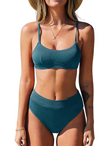 CUPSHE Conjunto de bikini para mujer, traje de baño de dos piezas, cintura alta, tirantes delgados ajustables, gancho trasero sin espalda, Aegean Blue, XL