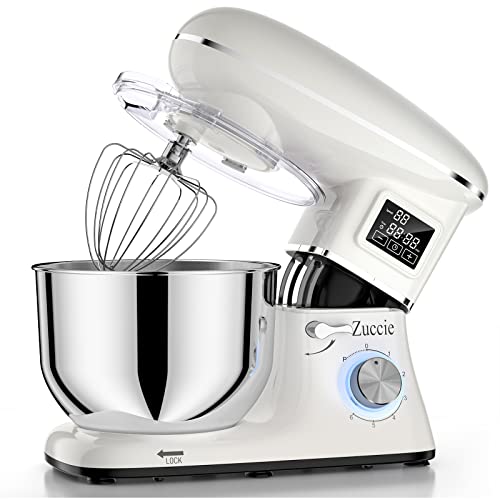 Batidora Amasadora ZUCCIE 1500W 6,5QT Pantalla Táctil LCD(Función de Temporización) Amasadora Profesional, 6+P Blanco Amasadora de Pan con 5 Herramientas de Mezcla y Protectores Antisalpicaduras