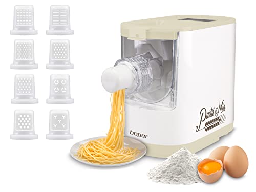 BEPER P102SBA500 Máquina Automática para Pasta Fresca, Pasta maker,200W, 320 g de Harina, 8 Trefiladores diferentes formatos, Pantalla para el funcionamiento, Incluye Medidor y Espátula