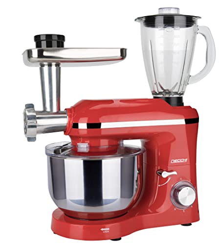 Necchi - NKSM1518BM Amasadora planetaria, 1400W, 6 velocidades + pulso, tres batidores, cuenco de acero de 5,5 litros, vaso batidora de 1,5 l, picadora de carne y cortador de verduras