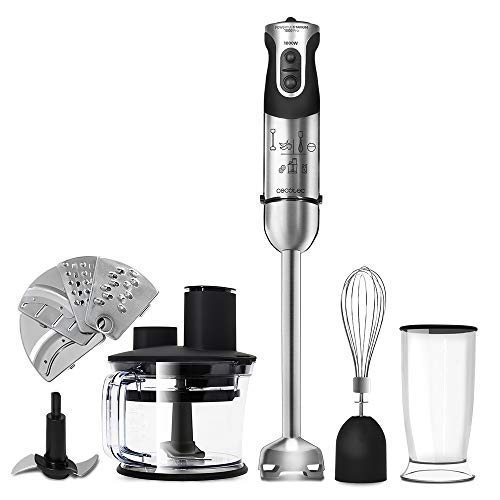 Cecotec Batidora de Mano Powerful Titanium 1000 Pro. 1000 W, 21 Niveles y Turbo, Cuchilla 4 hojas con Recubrimiento de Titanio, Pie XL, Soft Touch, Accesorios, Vaso 800 ml