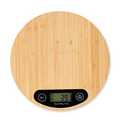 Relaxdays Báscula Cocina Digital Bambú, Balanza Tara Pantalla LCD, hasta 5 kg, Pesa Alimentos Redonda, Ø 20 cm, Natural