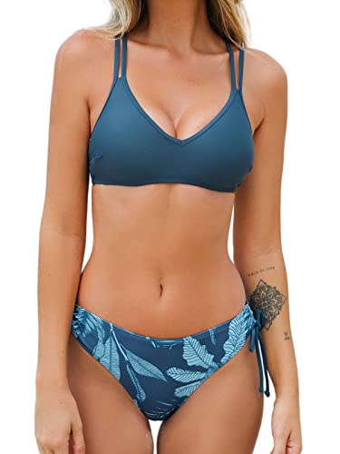 CUPSHE Conjunto de bikini de dos piezas para mujer, con tirantes cruzados en la espalda y tirantes delgados dobles, Azul (Aegean Blue), X-Large