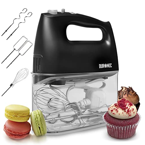 Duronic HM4 BK Batidora Amasadora de Repostería 400W con 5 Velocidades y Función Turbo | Incluye Varillas Batidoras Garfios Amasadores y Varilla de Globo | Color Negro