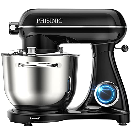 Batidora Amasadora, PHISINIC Amasadora de Pan Repostería, 1800 W 6.5 L Robot de Cocina Multifunción, Potente y Silencioso, Cuerpo Metálico, 6 Velocidades, Amasador, Batidor y Varillas, Color Negro