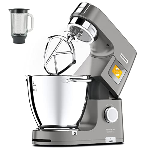 Kenwood Titanium Chef Pattissier - Robot de Cocina (1400 de potencia, bol de 7 litros y batidora de vaso de cristal incluidos, 4 herramientas, pantalla tactil), Color Plata