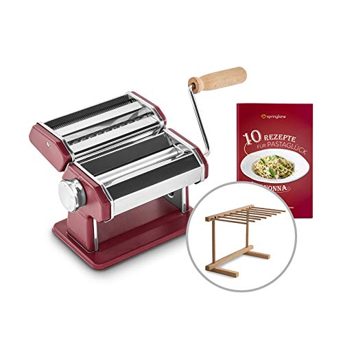 SPRINGLANE Máquina de fideos manual Nonna, Acero inoxidable, Máquina para hacer pasta, incluye secador de pasta y 3 accesorios para cortar espaguetis, lasaña, tallarines - rojo