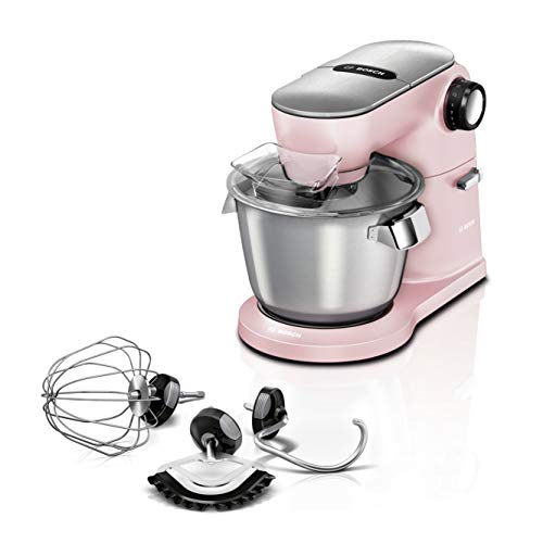 Bosch OptiMUM MUM9A66N00 - Robot de cocina (acero inoxidable, 5,5 L, agitador planetario, gancho para amasar la nieve, escoba de silicona, 7 niveles de trabajo, 1600 W, rosa/negro