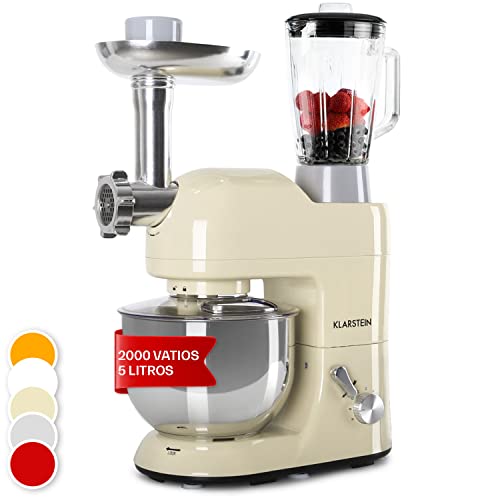 Klarstein Lucia Morena - Robot de cocina universal , Batidora , Amasadora , Picadora , Licuadora , 5 L , Batido planetario , Cabezal Pasta , Recipiente de acero inoxidable , 1200 W , Crema