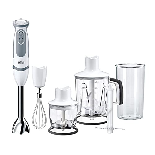 Braun Minipimer 5245 - Batidora de mano, 1000 W, 21 velocidades, y función turbo, anti-salpicuduras, 4 accesorios (varillas, mini-picadora 350ml, batidora de vaso de 1.25L, vaso medidor 600ml) Blanco