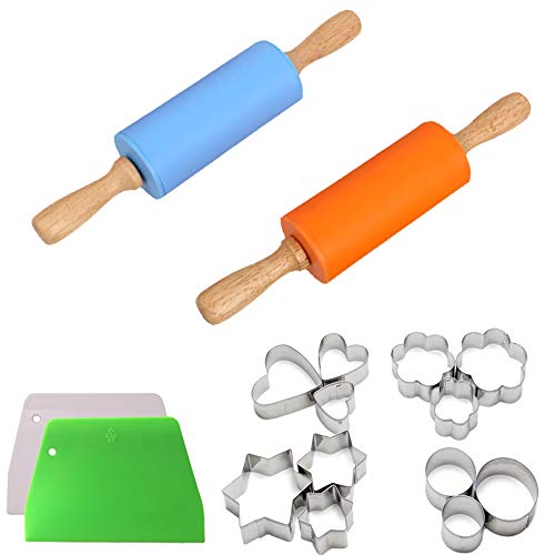 Sweieoni Rodillo Silicona Reposteria Set 16 Piezas Rodillo de Repostería Silicona con Mango de Madera Rodillo de Amasar Antiadhesivo Rodillo Silicona Reposteria para Reposteria Galleta (Azul, Naranja)