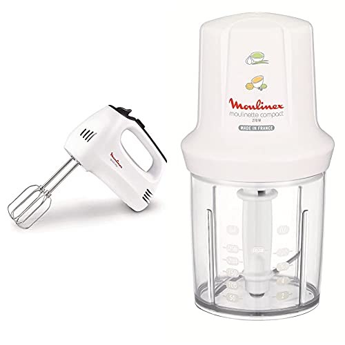 Moulinex Multimoulinette Compact DJ300110 Picadora, 0.25 l de capacidad + HM3101 Batidora amasadora y varillas con gancho para amasar y varillas para batir, 5 velocidades y función turbo, 300 W