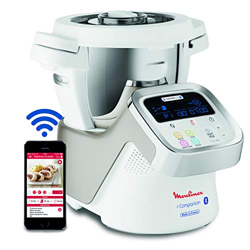 Moulinex i-Companion HF9001 - Robot de cocina Bluetooth 13 programas y 6 accesorios, capacidad 6 personas, incluye cuchilla picadora, batidor, mezclador, amasador, triturador y cesta de vapor