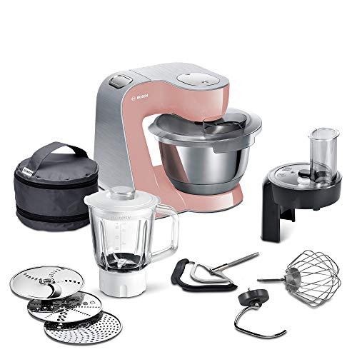 Robot de cocina Bosch MUM5 CreationLine Premium MUM58NP60, multiusos, cuenco grande de acero inoxidable (3,9 l), juego profesional para masas de masa, batidora de cristal, 1000 W, color rosa/plateado