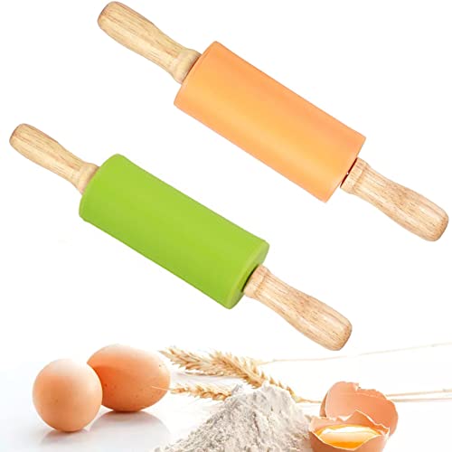 2 Pcs Rodillo De Amasar, Mini Rodillo de Silicona, Mango de Madera, No Pegajoso, Protección Ambiental no Tóxica - Verde/Naranja, Adecuado para Niños y Adultos - 22×4.2cm