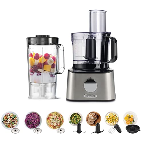 Kenwood MultiPro Compact FDM301 - Procesador de Alimentos y Blender con 8 Accesorios, Cuchillas de Acero Inoxidable, Potencia 800 W, Capacidad 2.1 litros, 2 Velocidades, Negro/Plata