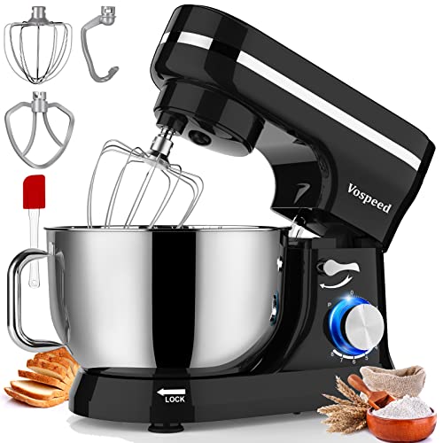 Batidora Amasadora, Vospeed Amasadora de Pan Repostería, 1000W Robot de Cocina, 5QT capacidad Amasadora, 8 Velocidades, Bol de Acero Inoxidabl, Amasador, Batidor y Varillas (Negro)