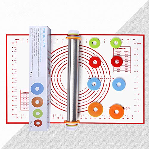 CHUER Rodillos de Amasar con Discos Ajustables y Marcado de Medición + Tapete de Silicona para Amasar(40 * 60cm), Rolling Mat para Pastelería Rolling Baking Dough Pizza Pastel Cookies