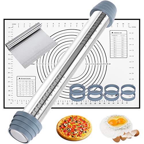 Gifort Rodillo de Amasar, Juego de Rodillo Cocina de Acero Inoxidable Antiadherente con Anillos Ajustables y Alfombrilla de Silicona con Medidas para Masa Pizza Galletas