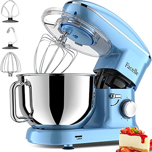 Batidora Amasadora 1500W, Facelle Amasadora de Pan Repostería Multifunción Tazón de Acero Inoxidable de 6,2LGancho para Masa,Batidor Plano, Batidor,Protector de Salpicaduras(Azul)