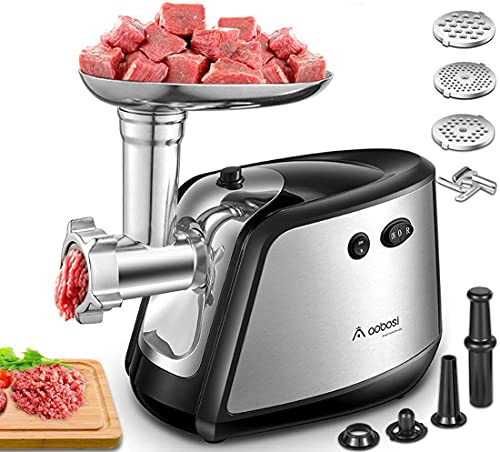 Aobosi Picadora de Carne Eléctrica, 1200W Max, 3 in 1 Salchicha y Máquina Picadora Carne con 3 Placas de Molienda,Embutidora de Salchichas, Función inversa, Motor de cobre, Acero Inoxidable Cuerpo