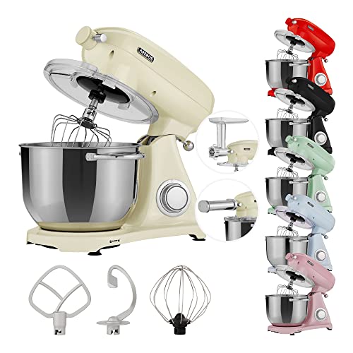 Arebos Batidora Amasadora Multifunción Retro 1800W | Crema | Recipiente de acero inoxidable de 6 L | Robot de Cocina con 3 herramientas Gancho para Amasar, Varillas, Gancho para mezclar