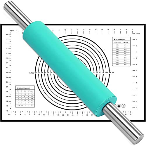 Rodillo de Amasar,Rodillo Cocina Silicona,Estera para Hornear,Rodillo de pastelería antiadherente de acero inoxidable con asas,Rodillo de Masa y Tapete para Fondant, Pizza, Pastas