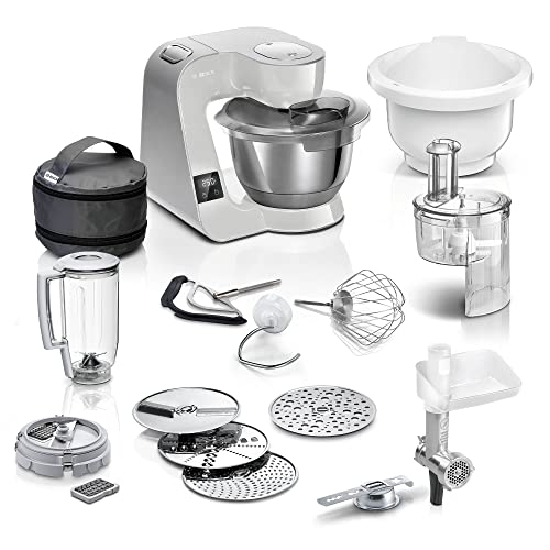 Bosch Robot de cocina MUM5 MUM5XL72,1000 W, cuenco de 3,9 l, báscula integrada, cortador de paso, incluye 4 discos de fricción, picadora de carne, cortador de cubos, batidora, gris/plata