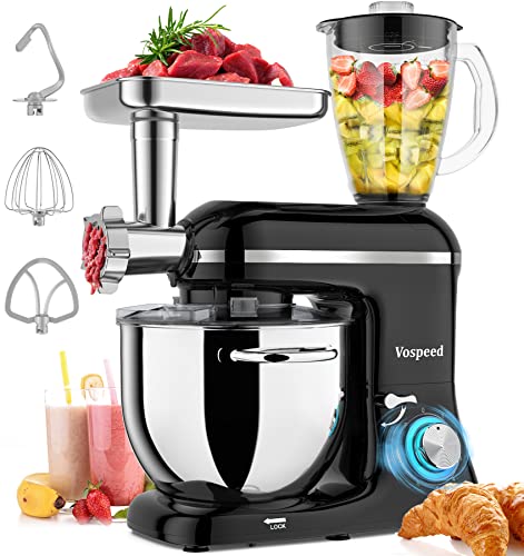 Batidora Amasadora 9 en 1 Multifunción Vospeed, Robot de Cocina 1500W, 8.5L 6 Velocidades, Licuadora, Picadora, Rodillo de pasta-negro