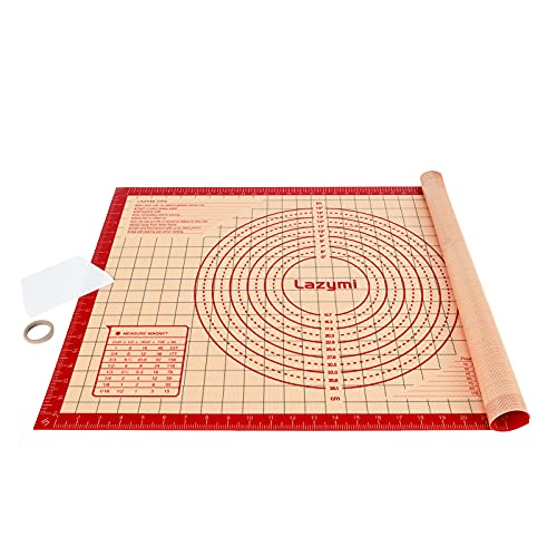 Lazymi Extra Grande & Gruesa Tapete de Silicona 71 x 51 cm, Tapete para Hornear y Amasar Antiadherente, Esteras de repostería con Medidas, Almohadilla de Mesa Resistente al Calor (Rojo +Rasqueta)