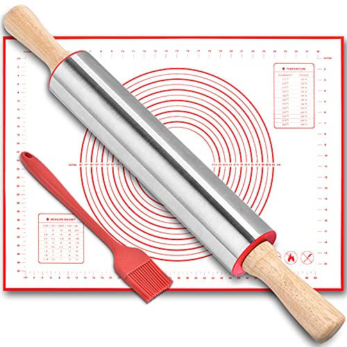 KERYCHIN Rodillo de Acero Inoxidable con Rodamientos y Mango + Tapete Silicona Reposteria + Pincel Cocina Kit, Fácil de Limpiar Laminadora de Masa Pizza, Utensilios para Amasar, Fondant, 43.3 cm, Rojo