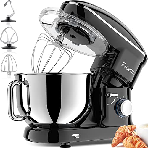 Batidora Amasadora 1500W, Facelle Amasadora de Pan Repostería Multifunción Tazón de Acero Inoxidable de 6,2LGancho para Masa,Batidor Plano, Batidor,Protector de Salpicaduras(Negro)