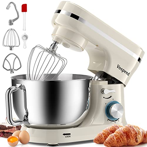 Batidora Amasadora, Vospeed Amasadora de Pan Repostería, 1000W Robot de Cocina, 5QT capacidad Amasadora, 8 Velocidades, Bol de Acero Inoxidabl, Amasador, Batidor y Varillas (Blanco)