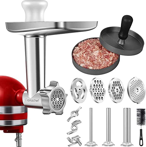 AMZCHEF Picadora de Carne para Kitchenaid- Picadora Carne Incluye 3 Tubos para Maquina Salchichas, 4 Placas de Picado, 2 Cuchillas, Smash Burger, Cepillo de Limpieza