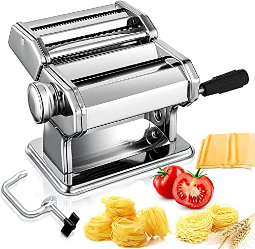 Máquina para Hacer Pasta Manual Máquina de Pastas, Acero Inoxidable con Manivela y Rodillos, Máquina Multifuncional con 7 Cortes Ajustes para Pasta, Fettuccine, Lasaña, Linguini, Espagueti Fresca etc